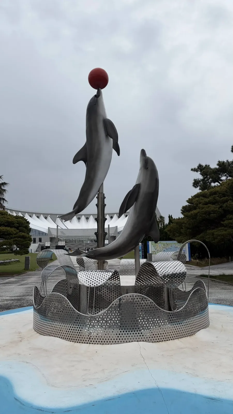 Dolphin statue at the entrance of the Marine World